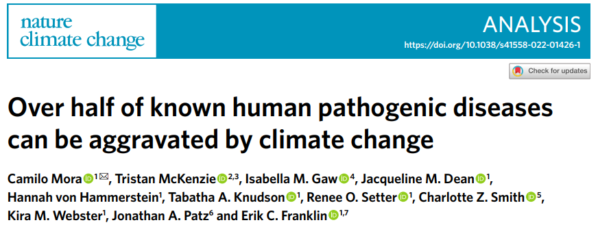 Over half of known human pathogenic diseases can be aggravated by climate change
